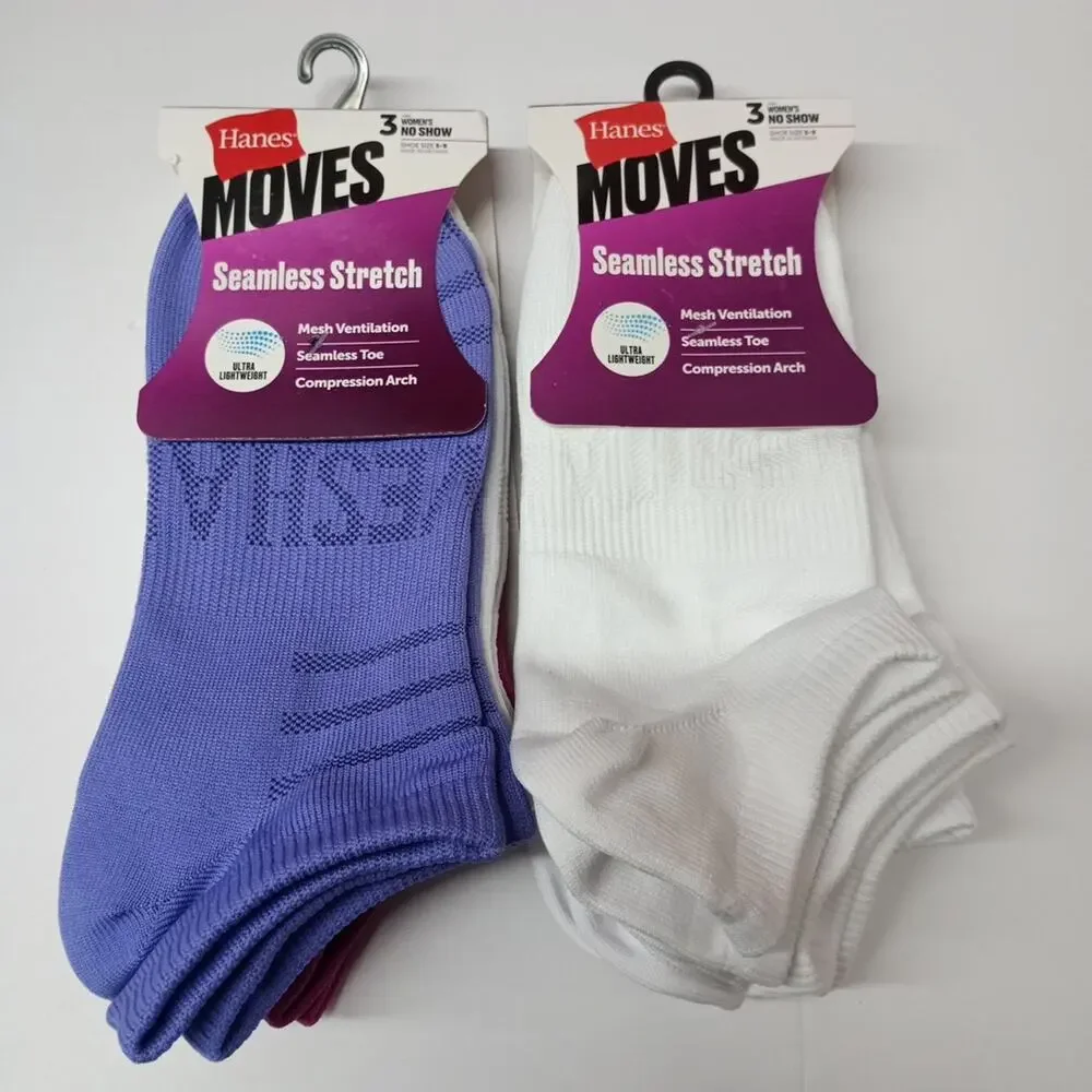 Hanes Moves No Show Socks 6 Pairs Women's‎ Size 5-9 Assorted Seamless Stretch